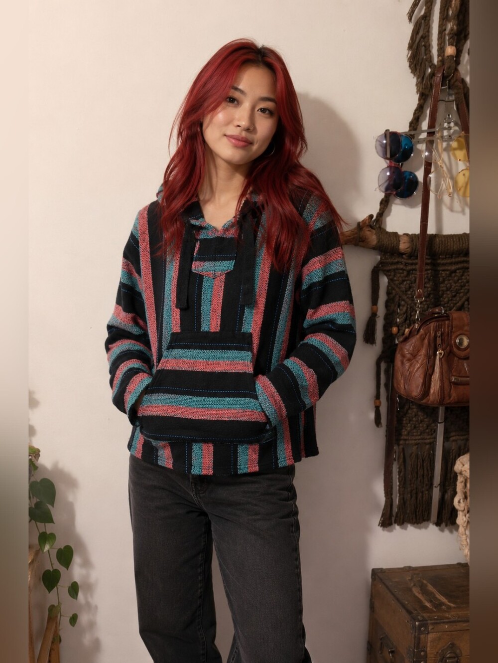 Striped Teal And Coral Pink Multicolor Baja Hoodie Made In Mexico